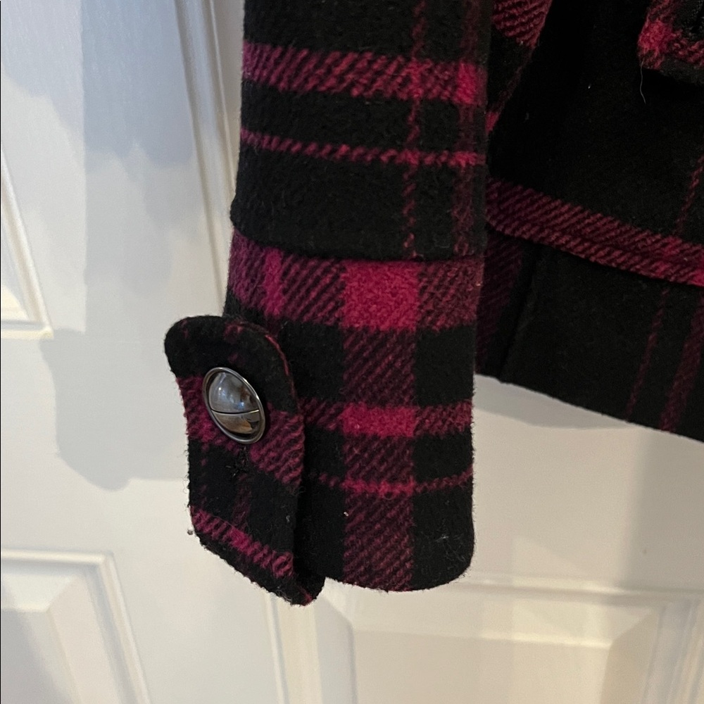 Women's Pea Coat Black & Purple Plaid Double-Breast Jacket - Picture 6 of 7